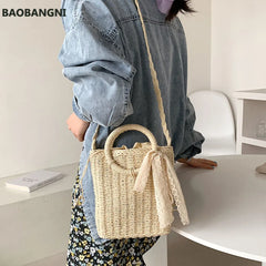 Summer Small Bow Straw Shoulder Bags Women Woven Beach Square Bag