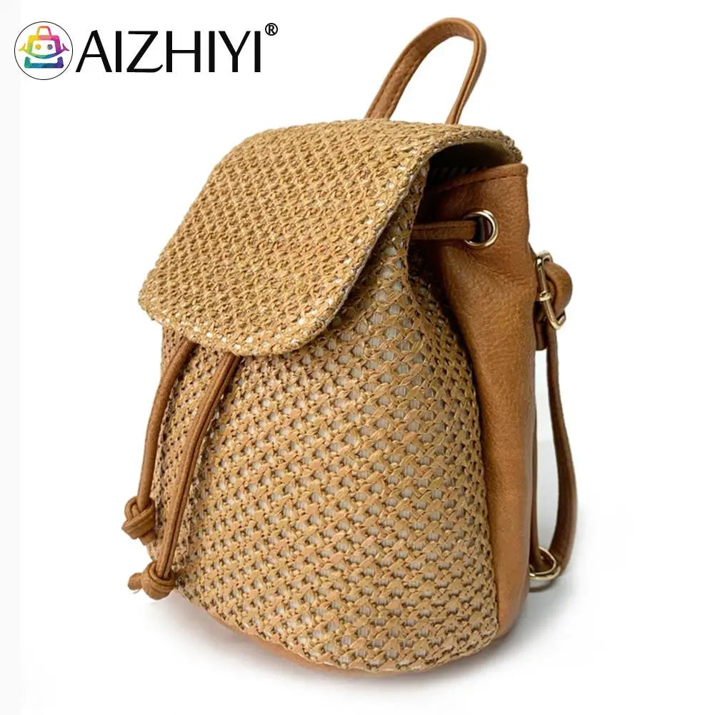 Straw Backpack Beach Woven Leather School Bag