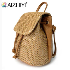 Straw Backpack Beach Woven Leather School Bag