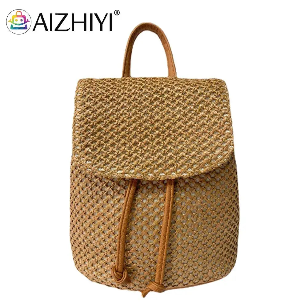 Straw Backpack Beach Woven Leather School Bag