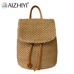 Straw Backpack Beach Woven Leather School Bag