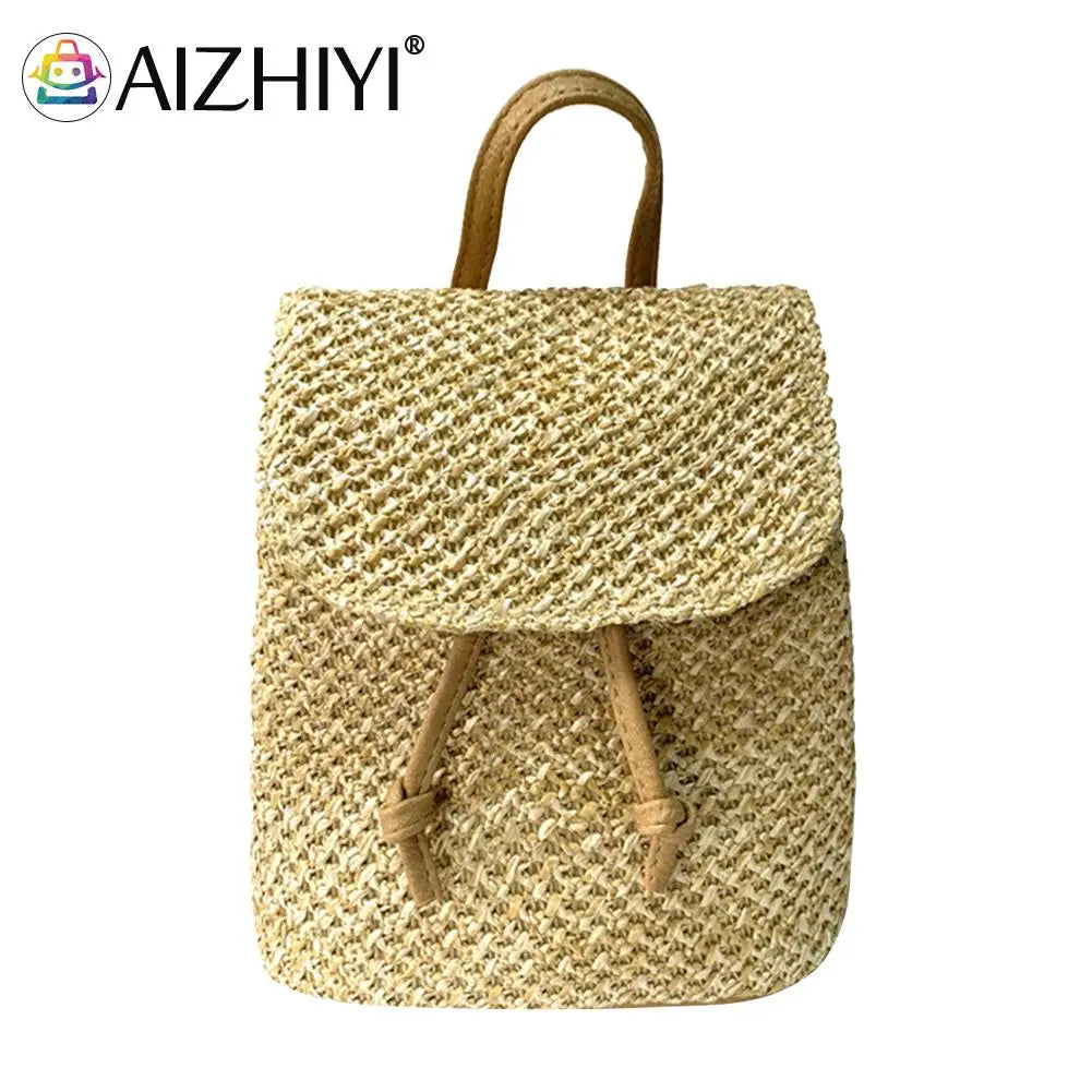 Straw Backpack Beach Woven Leather School Bag