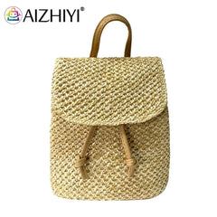 Straw Backpack Beach Woven Leather School Bag
