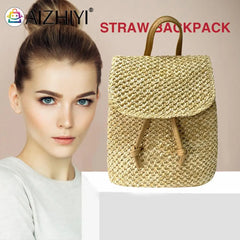 Straw Backpack Beach Woven Leather School Bag