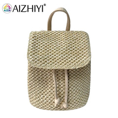 Straw Backpack Beach Woven Leather School Bag