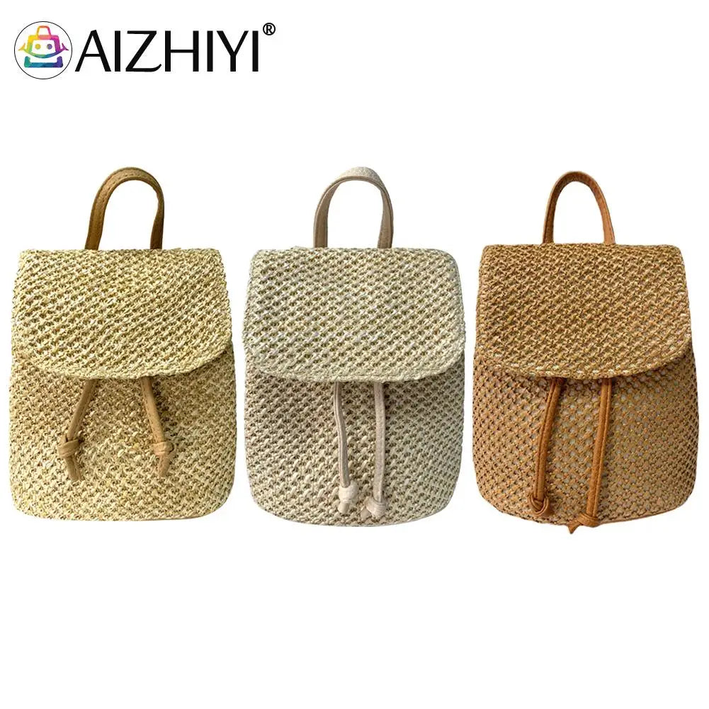 Straw Backpack Beach Woven Leather School Bag