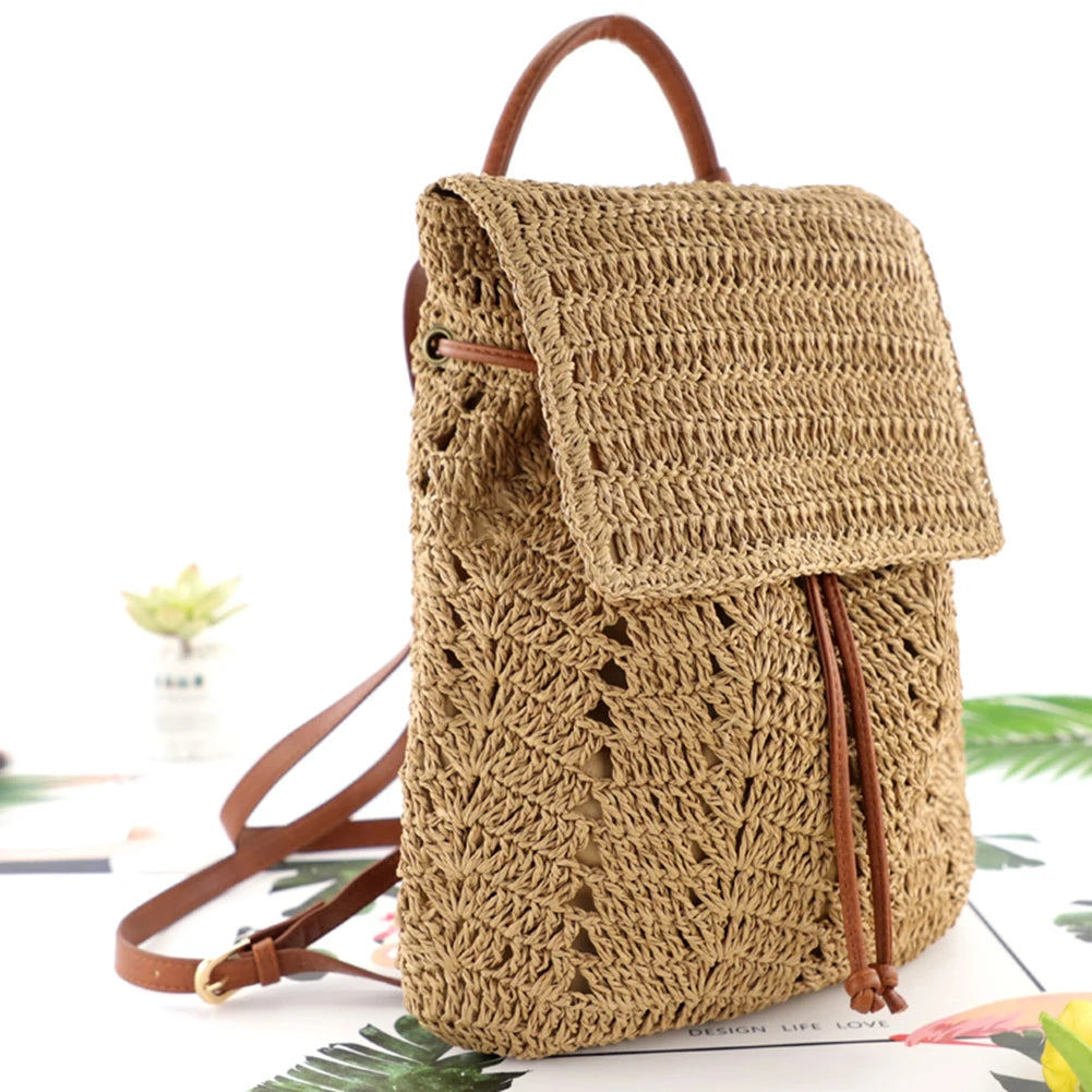 Summer Straw Backpack Women Shoulders Bags Casual Woven School Bags