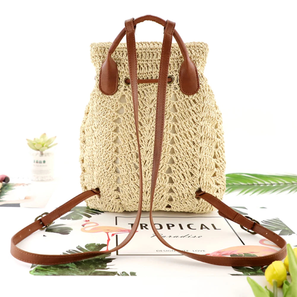 Summer Straw Backpack Women Shoulders Bags Casual Woven School Bags