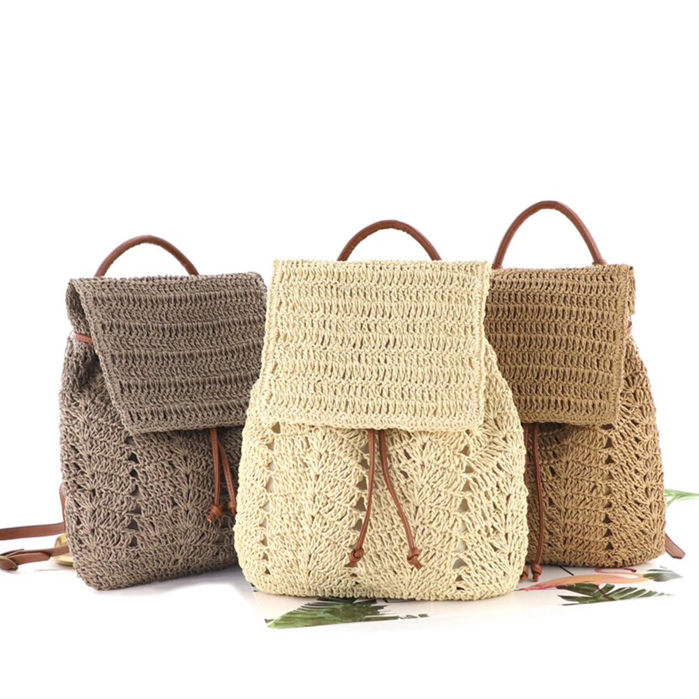 Summer Straw Backpack Women Shoulders Bags Casual Woven School Bags