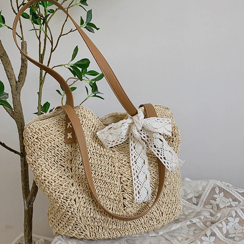 Summer Straw Bag For Women Rattan Straw Shoulder Bag Large Capacity Beach Bag