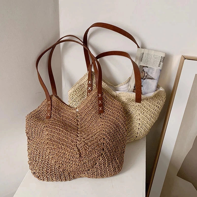 Summer Straw Bag For Women Rattan Straw Shoulder Bag Large Capacity Beach Bag