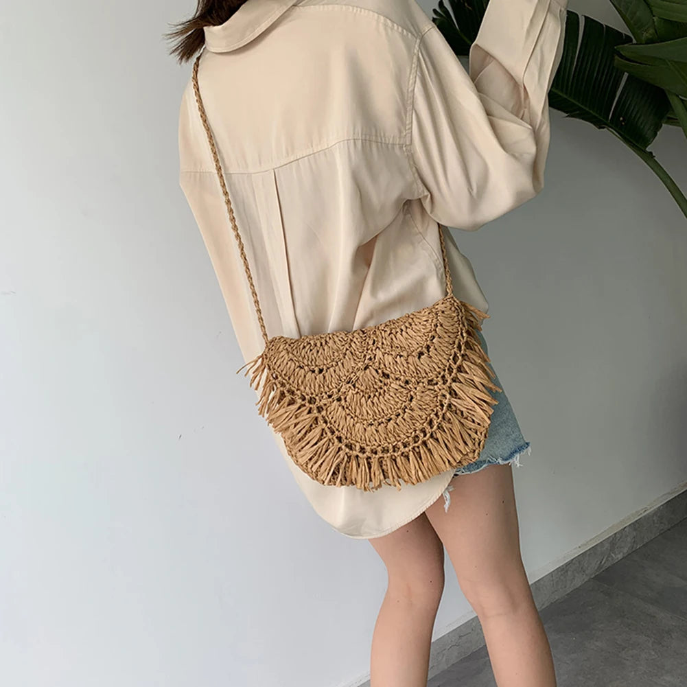Summer Straw Tassel Beach Bag Rattan Woven Handbag