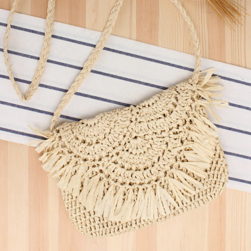 Summer Straw Beach Bag with Tassel - Vacation Rattan Crossbody Clutch