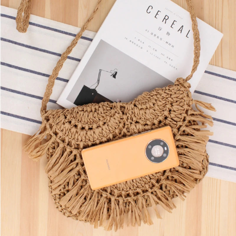 Summer Straw Beach Bag with Tassel - Vacation Rattan Crossbody Clutch