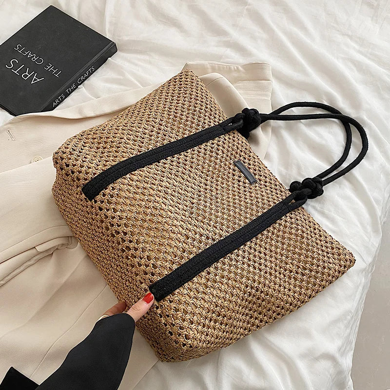 Straw Beach Bag Women Shoulder Handbag Travel Shopper Resort Style
