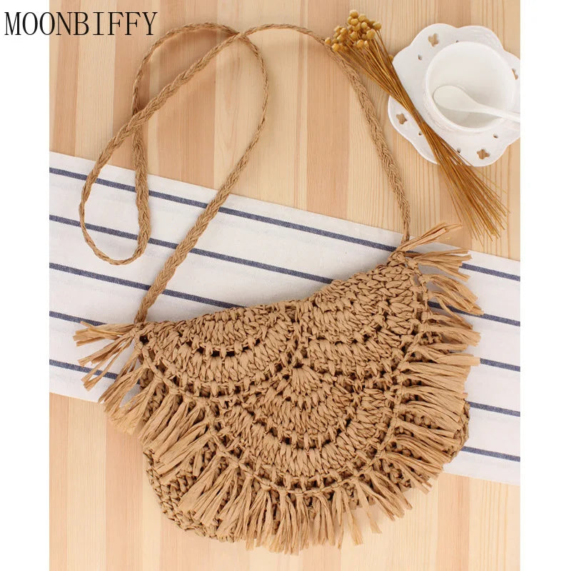 Summer Straw Tassel Beach Bag Raffia Handbag Shoulder Crossbody Clutch