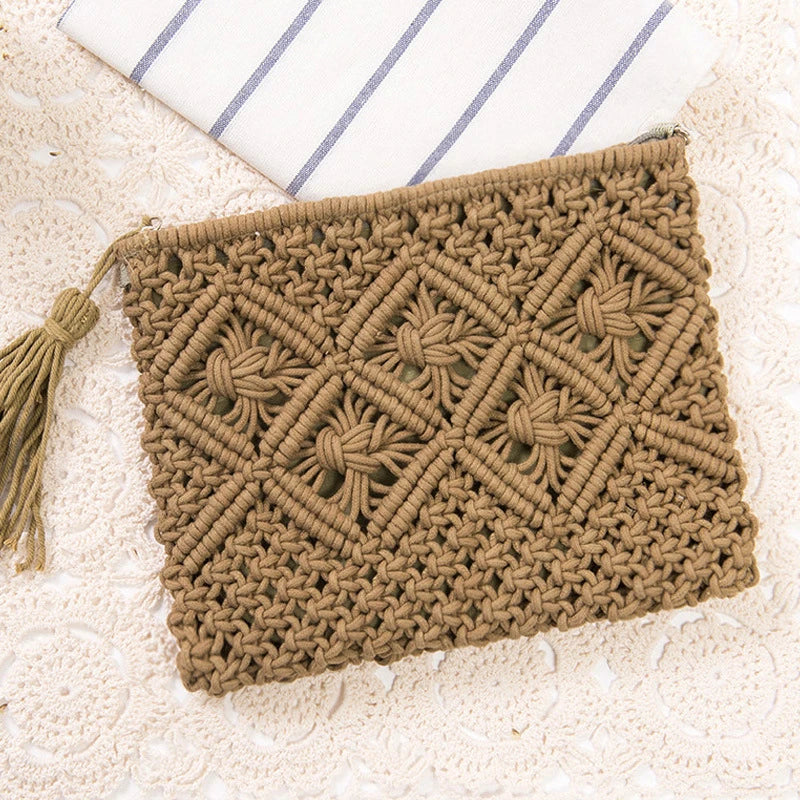 Rattan Woven Handbag with Straw Tassel Beach Bag
