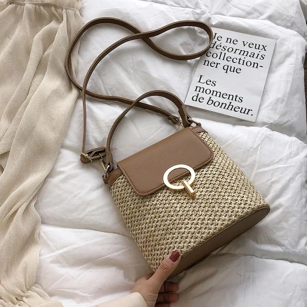 Summer Straw Bucket Bags For Women Rattan Crossbody Lady Travel Purses
