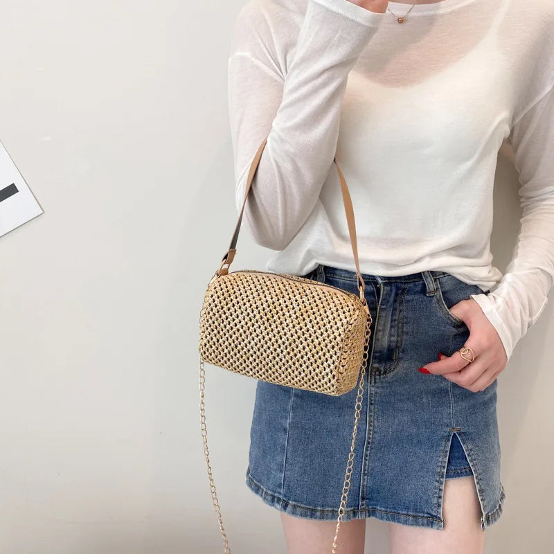Summer Straw Crossbody Bags For Women Woven PU Leather Boho Bag