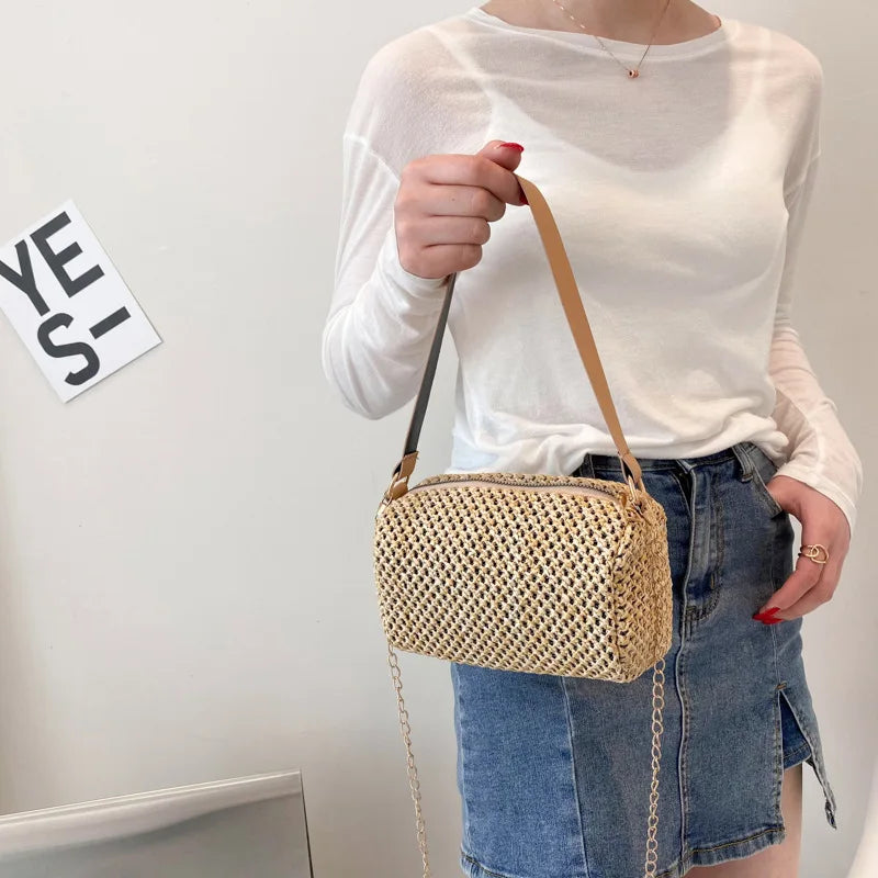 Summer Straw Crossbody Bags For Women Woven PU Leather Boho Bag