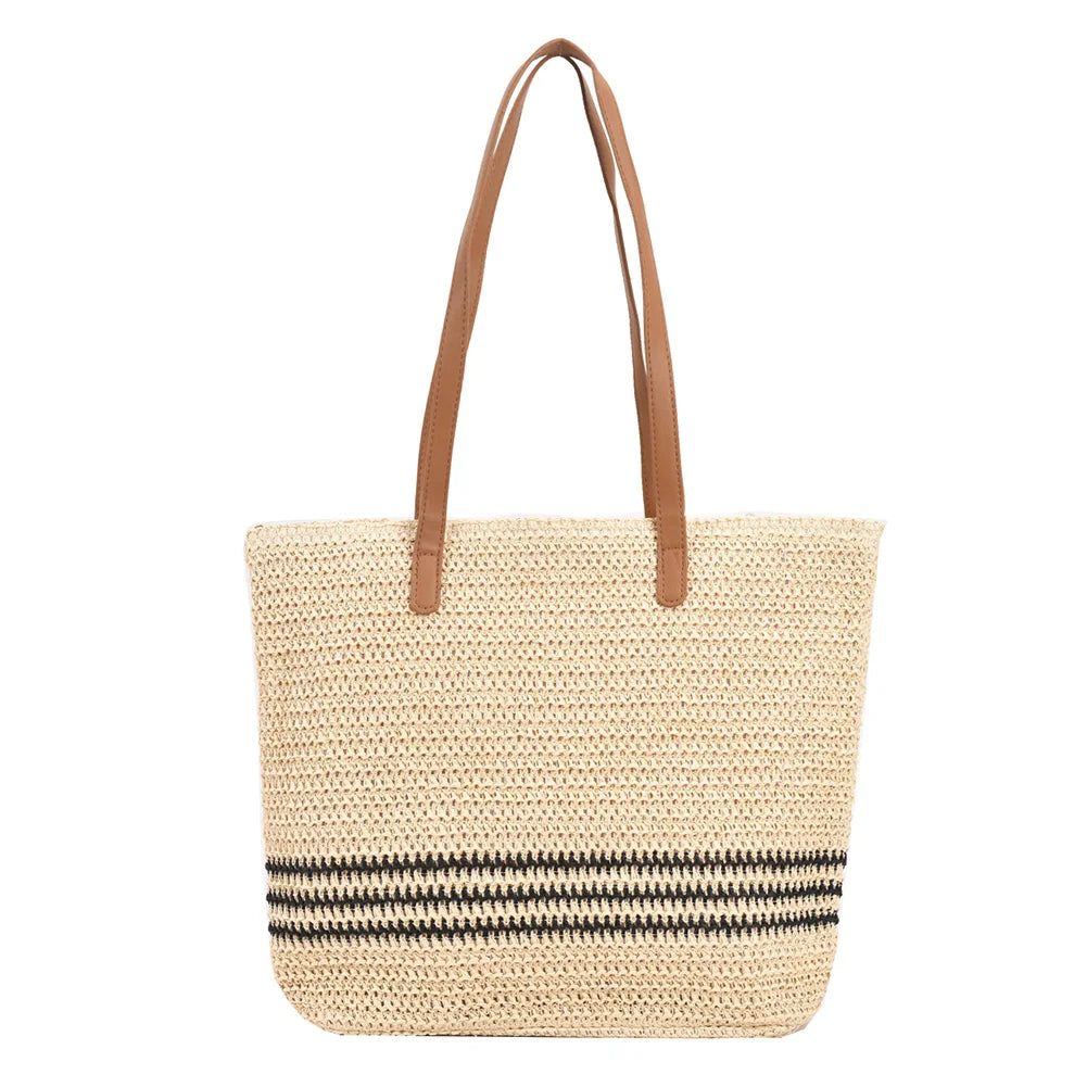 Summer Straw Shoulder Bag Striped Woven Beach Vacation Female Handbag