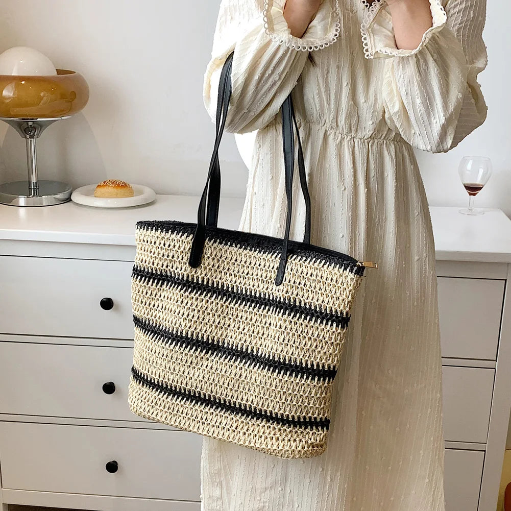 Summer Straw Shoulder Bag Striped Woven Beach Vacation Female Handbag