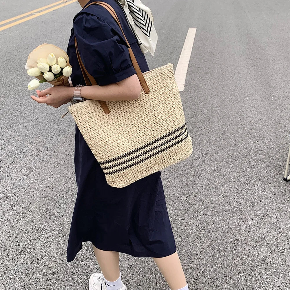 Summer Straw Shoulder Bag Striped Woven Beach Vacation Female Handbag