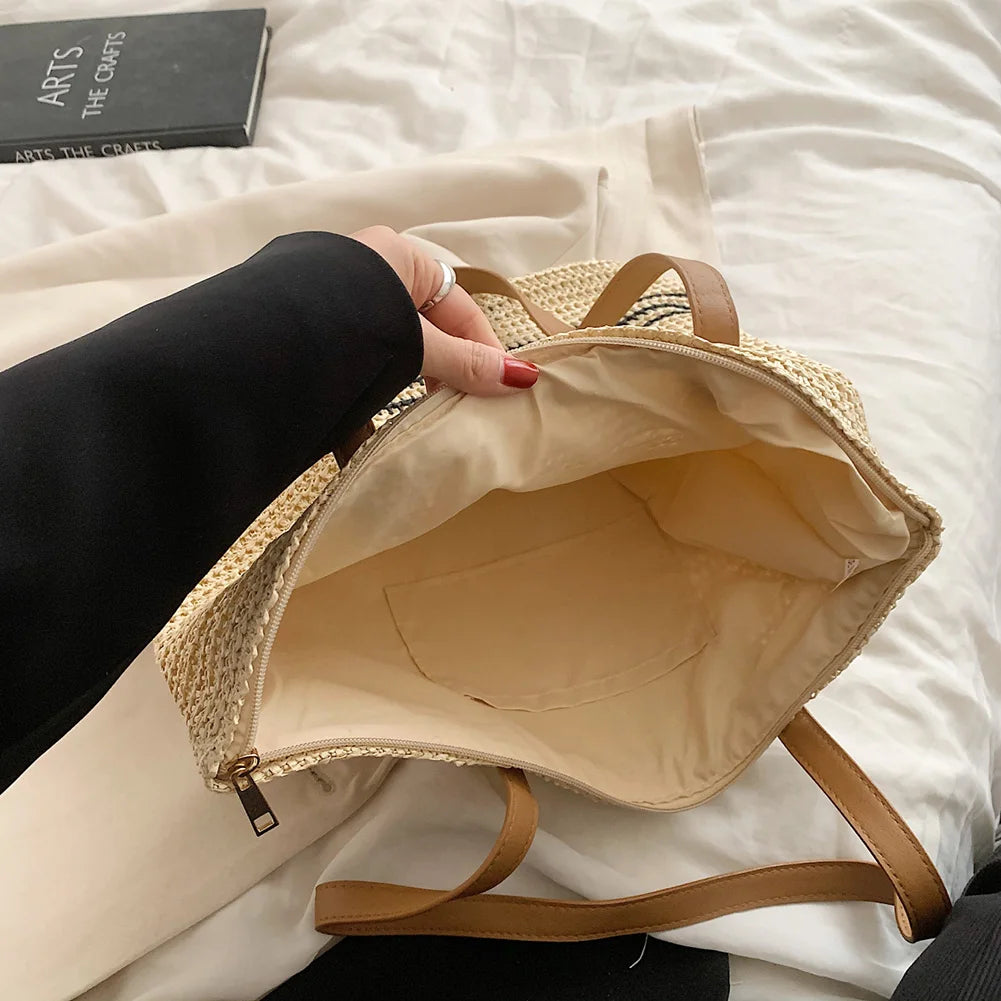 Summer Straw Shoulder Bag Striped Woven Beach Vacation Female Handbag