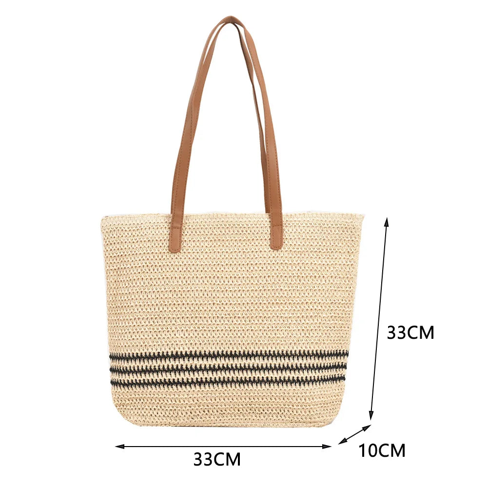 Summer Straw Shoulder Bag Striped Woven Beach Vacation Female Handbag