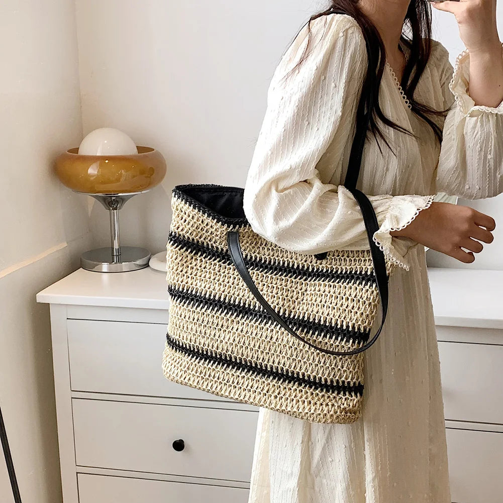 Summer Straw Shoulder Bag Striped Woven Beach Vacation Female Handbag