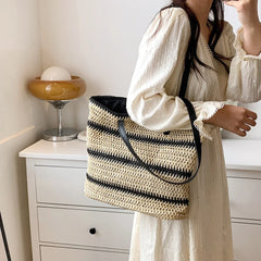 Summer Straw Shoulder Bag Striped Woven Beach Vacation Female Handbag