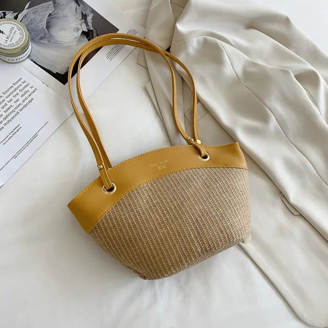 Summer Straw Splice Shoulder Shell Bag for Women Casual Large Capacity Handbags