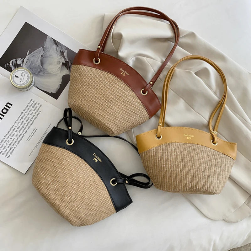 Summer Straw Splice Shoulder Shell Bag for Women Casual Large Capacity Handbags