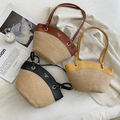 Summer Straw Splice Shoulder Shell Bag for Women Casual Large Capacity Handbags