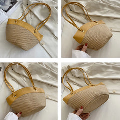 Summer Straw Splice Shoulder Shell Bag for Women Casual Large Capacity Handbags