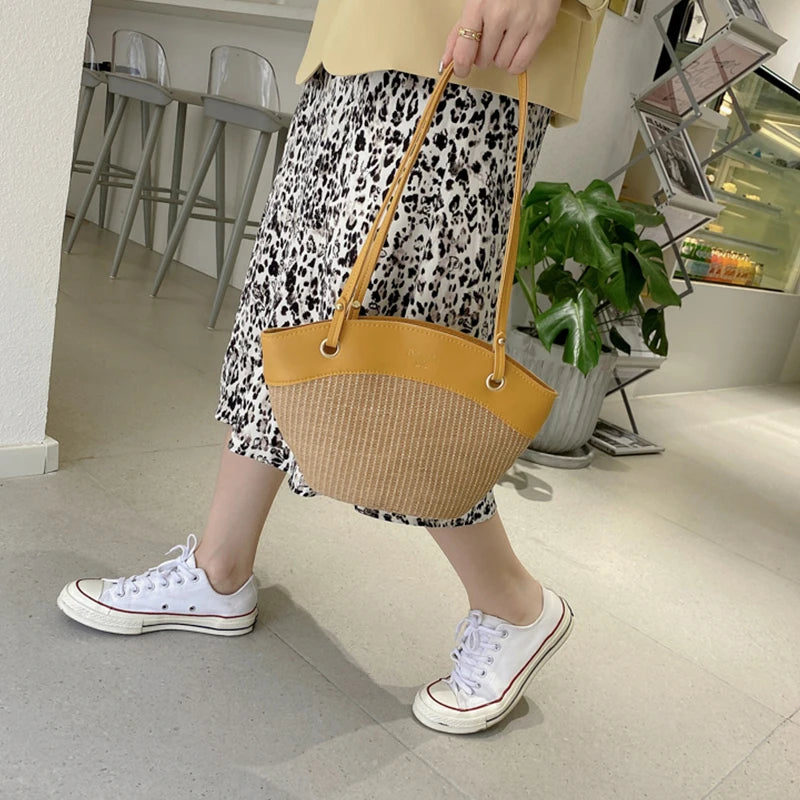 Summer Straw Splice Shoulder Shell Bag for Women Casual Large Capacity Handbags