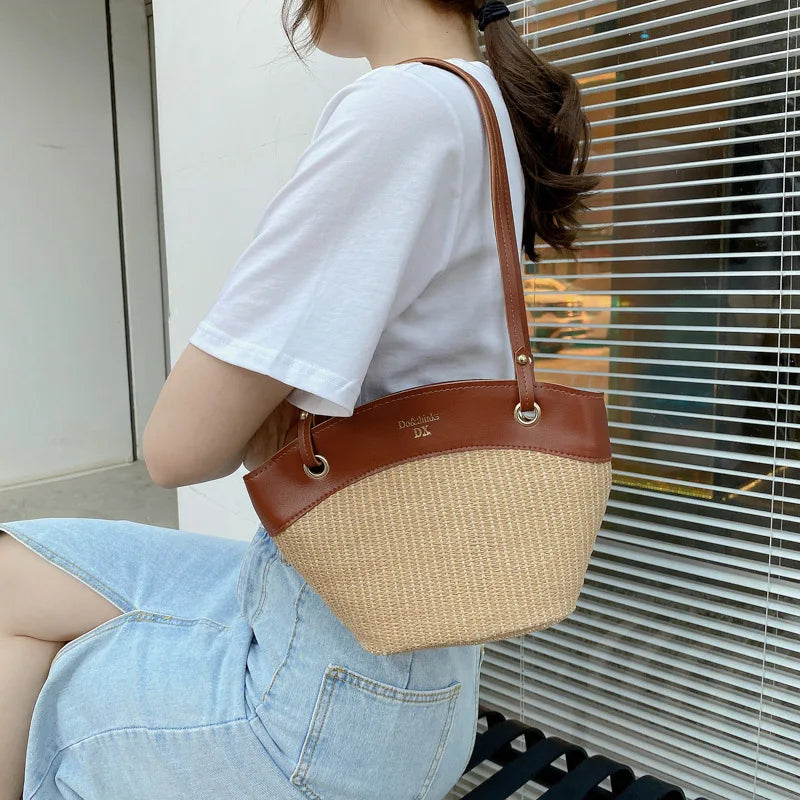Summer Straw Splice Shoulder Shell Bag for Women Casual Large Capacity Handbags