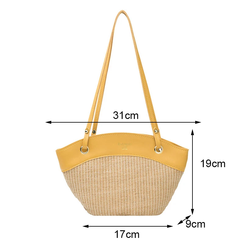 Summer Straw Splice Shoulder Shell Bag for Women Casual Large Capacity Handbags