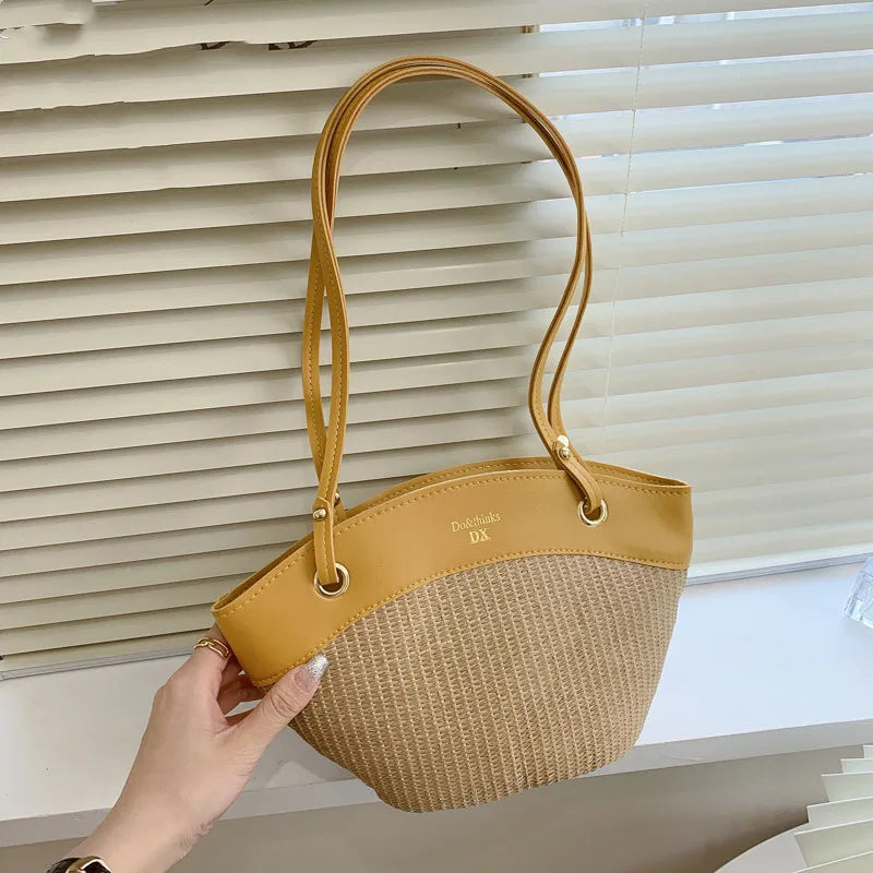 Summer Straw Splice Shoulder Shell Bag for Women Casual Large Capacity Handbags