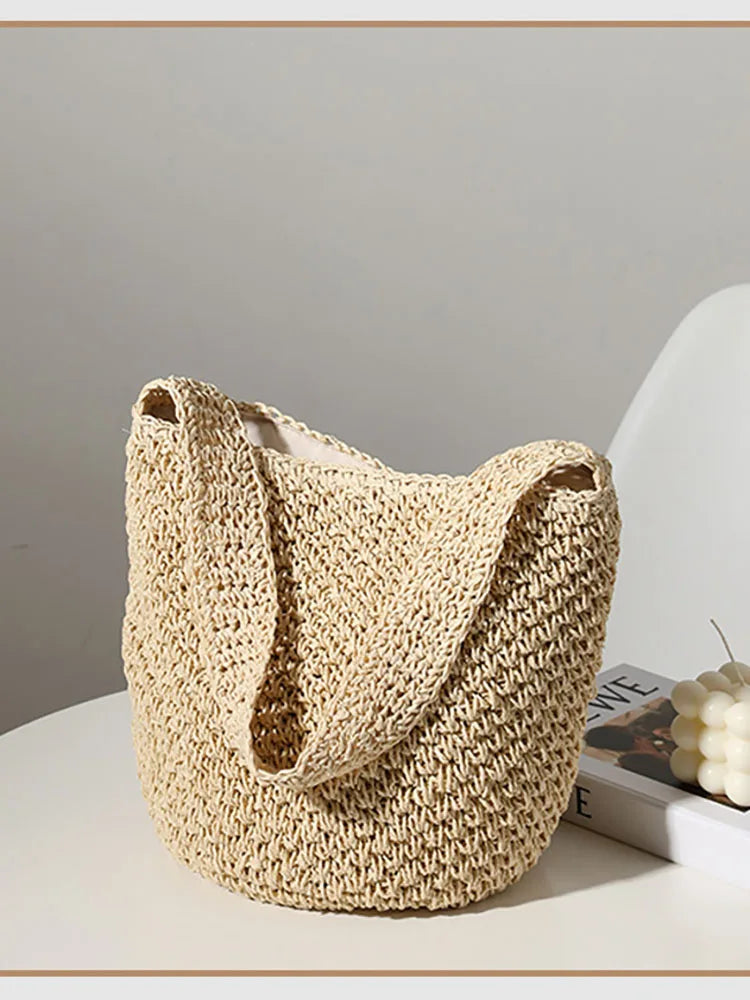 Straw Weaving Bucket Bag Hollowed Out Solid Seaside Casual Handbag