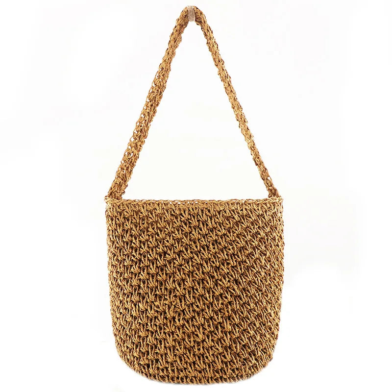 Straw Weaving Bucket Bag Hollowed Out Solid Seaside Casual Handbag