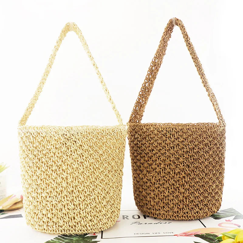 Straw Weaving Bucket Bag Hollowed Out Solid Seaside Casual Handbag