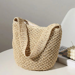Straw Weaving Bucket Bag Hollowed Out Solid Seaside Casual Handbag