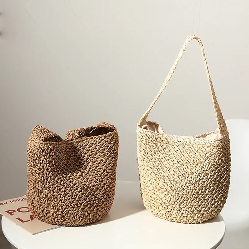 Straw Weaving Bucket Bag Hollowed Out Solid Seaside Casual Handbag