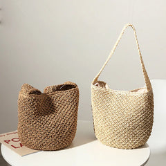Straw Weaving Bucket Bag Hollowed Out Solid Seaside Casual Handbag
