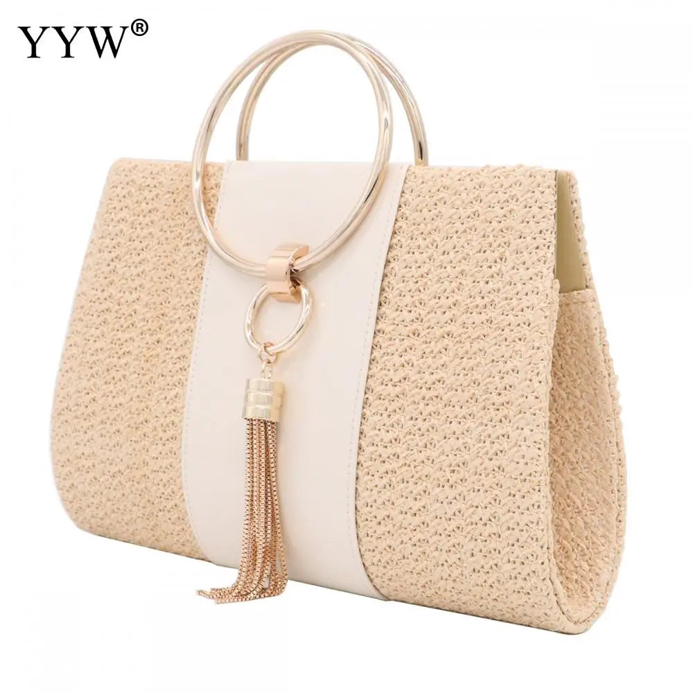 Yellow Straw Women Evening Clutches PU Leather Tassel Weave Envelope Purse