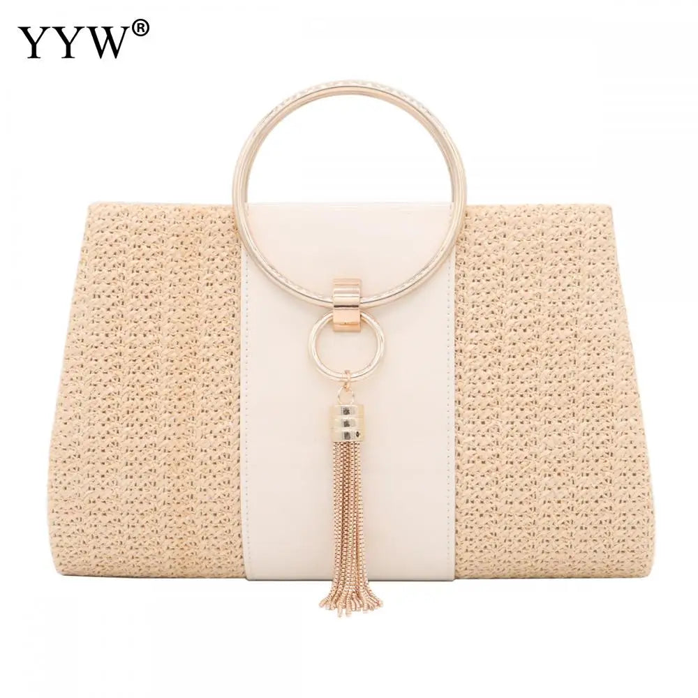 Yellow Straw Women Evening Clutches PU Leather Tassel Weave Envelope Purse