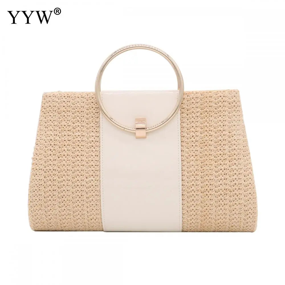 Yellow Straw Women Evening Clutches PU Leather Tassel Weave Envelope Purse