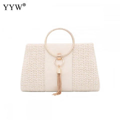 Yellow Straw Women Evening Clutches PU Leather Tassel Weave Envelope Purse