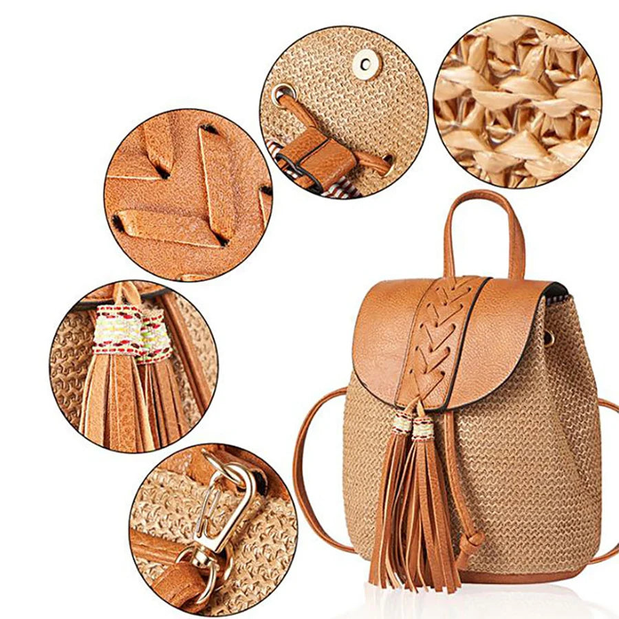 Summer Straw Woven Backpack For Women Teenager Ladies Shoulder Bags Tassel